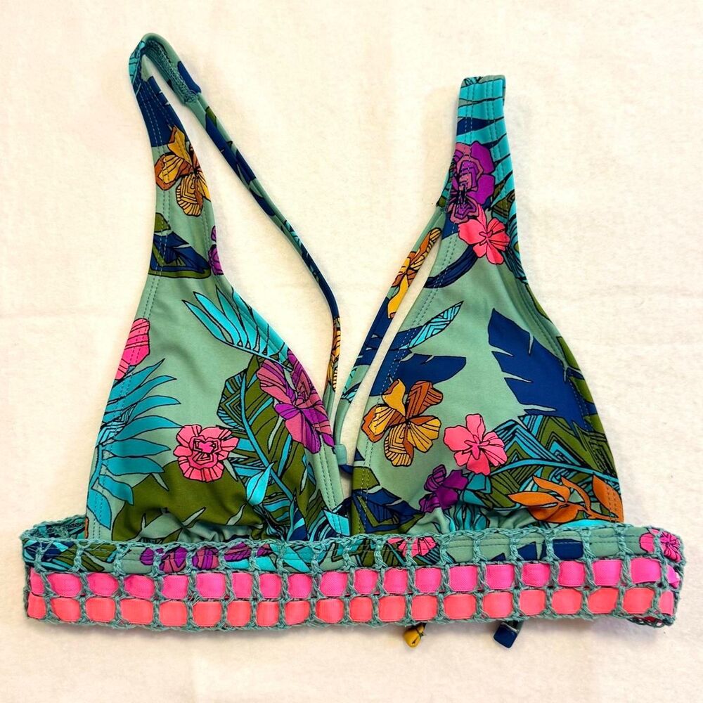 xhilaration tropical banded crochet triangle criss cross tie back bikini top siz